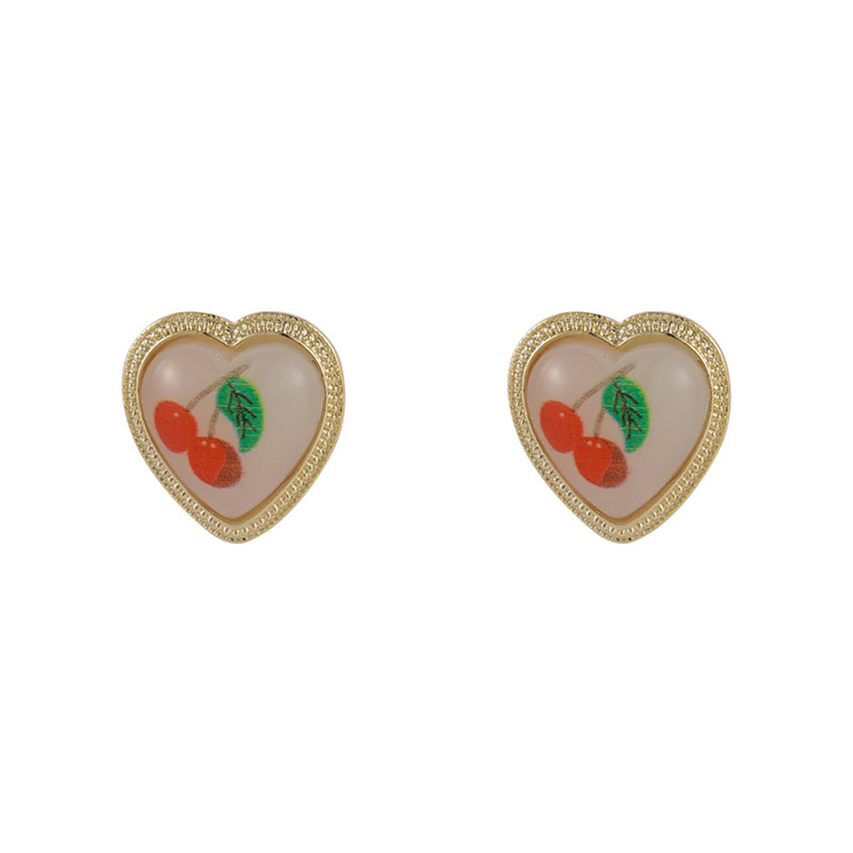 Beige & Red Cherry Heart Stud Earrings