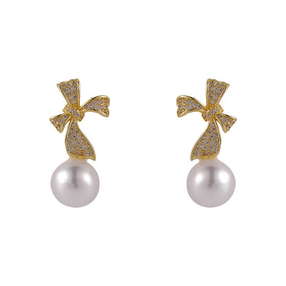 Pearl and Cubic Zirconia Pav¨¦ Bow Drop Earrings, drop earrings for women, elegant gift for her, side view
