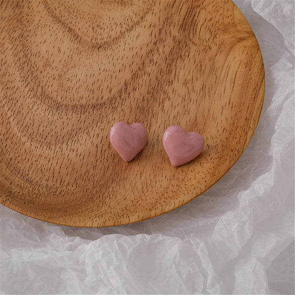 Pink Enamel & Silver-Plated Heart Stud Earrings
