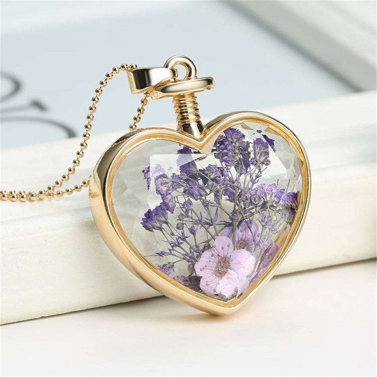 Purple Pressed Peach Blossom & 18K Gold-Plated Heart Pendant Necklace