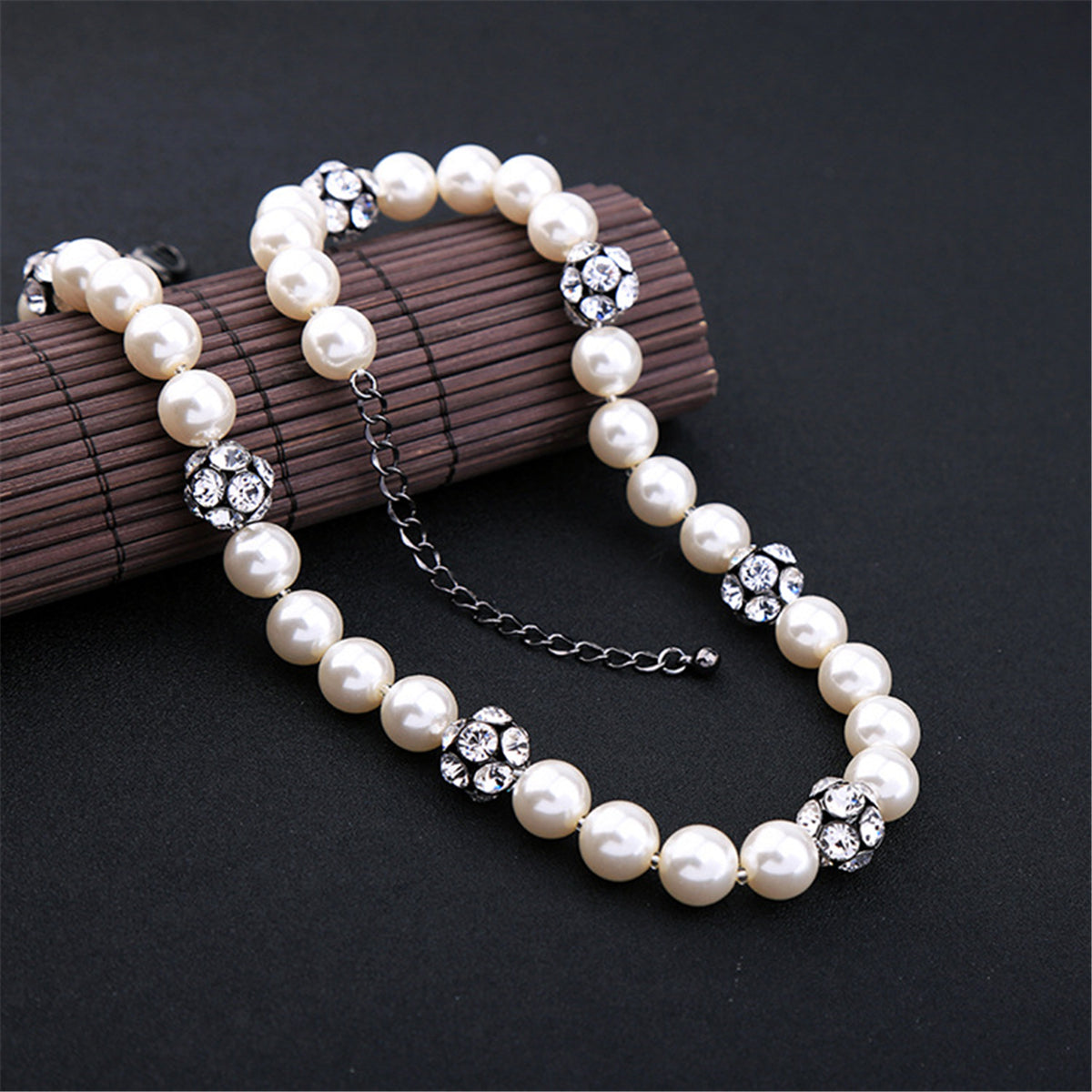 Pearl & Cubic Zirconia Black-Tone Ball Necklace