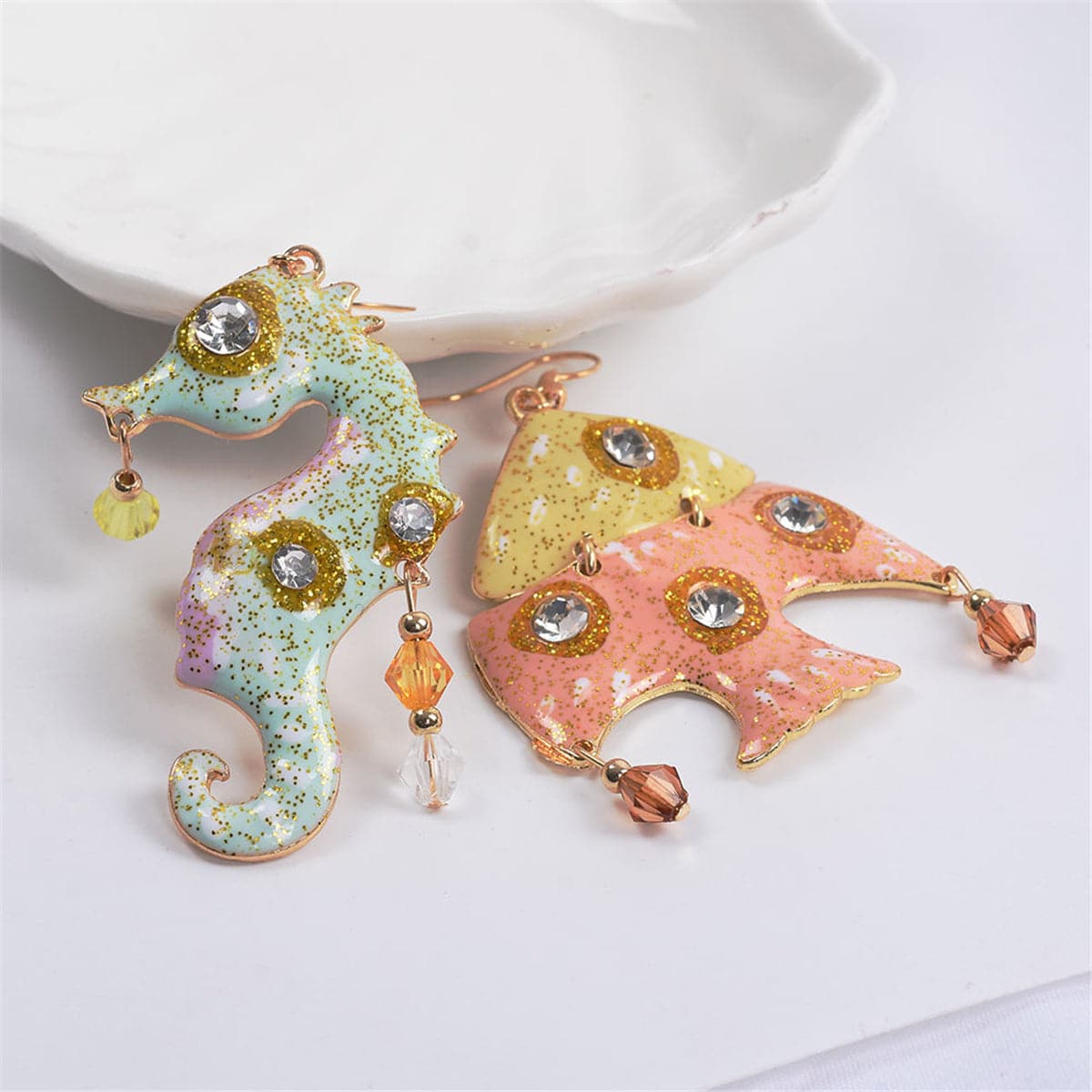 Cubic Zirconia & Enamel 18K Gold-Plated Fish Seahorse Asymmetric Drop Earrings