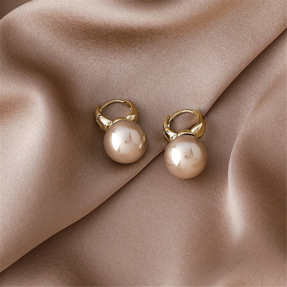 Champagne Pearl and 18K Gold-Plated Huggie Earrings, gold huggie earrings, botanical inspired, front view