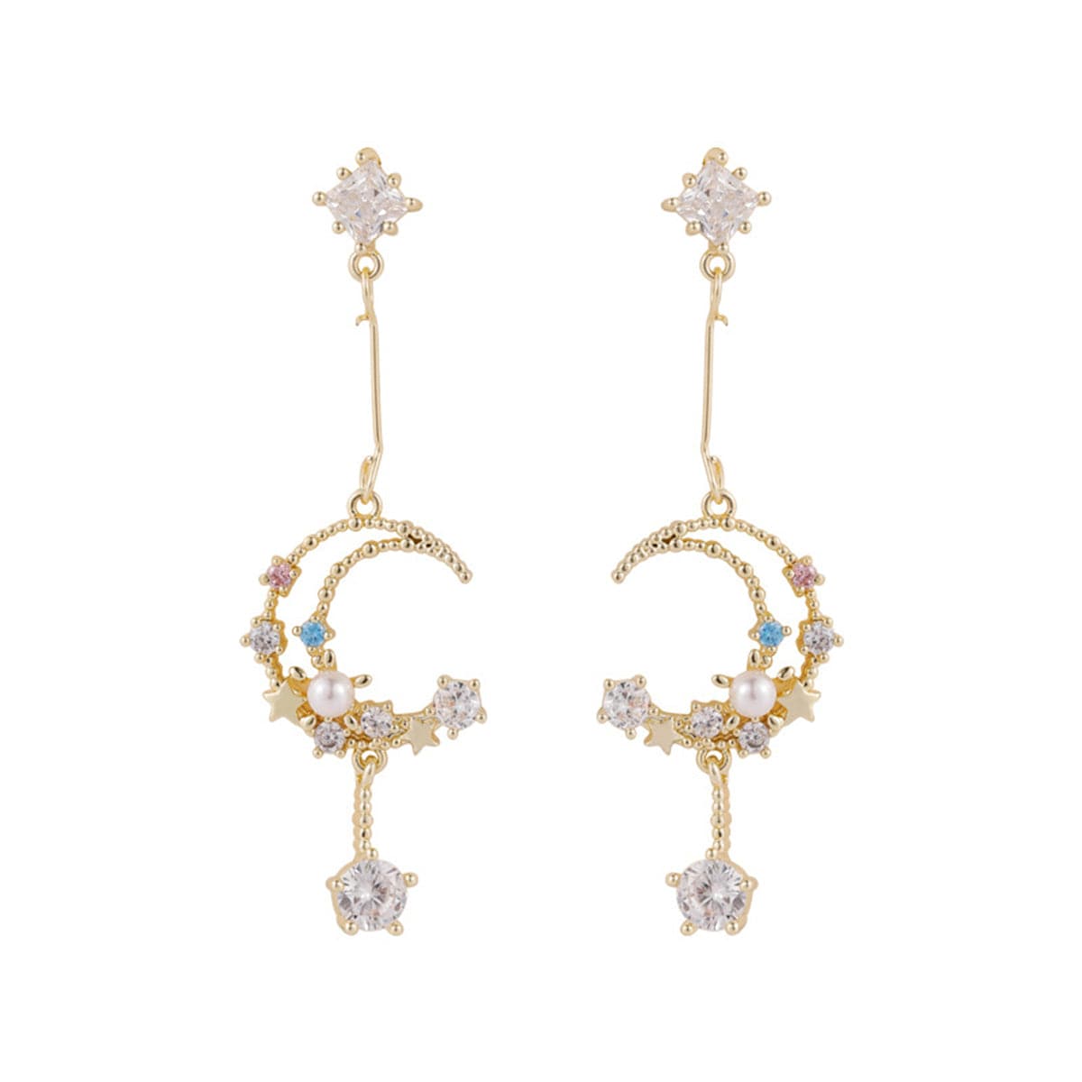 Cubic Zirconia and Pearl 18K Gold-Plated Celestial Drop Earrings, gold drop earrings for women, everyday style, front view
