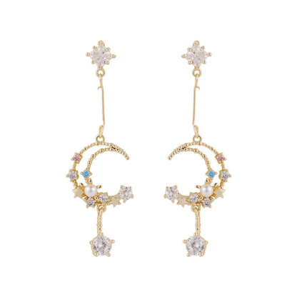 Cubic Zirconia and Pearl 18K Gold-Plated Celestial Drop Earrings, gold drop earrings for women, everyday style, front view