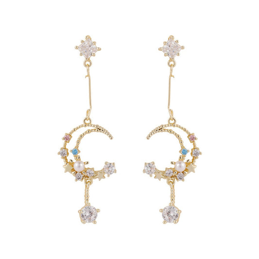 Cubic Zirconia and Pearl 18K Gold-Plated Celestial Drop Earrings, gold drop earrings for women, everyday style, front view