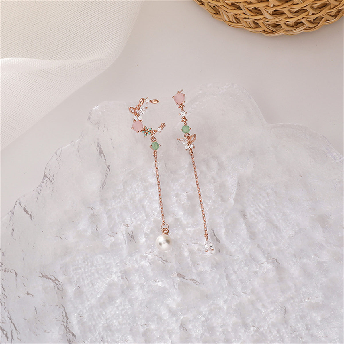 Crystal & Pearl 18K Rose Gold-Plated Asymmetrical Butterfly Moon Drop Earrings