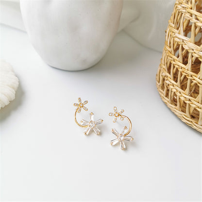 Cubic Zirconia and 18K Gold-Plated Double-Flower Stud Earrings, gold drop earrings for women, lifestyle look
