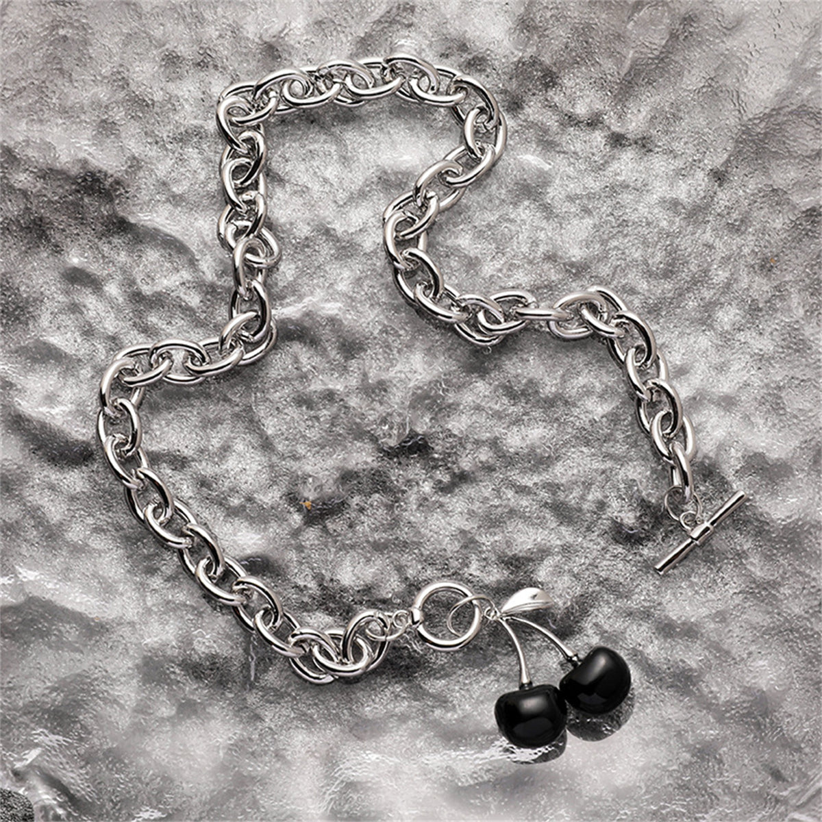 Black Enamel & Silver-Plated Cherry Pendant Toggle Necklace