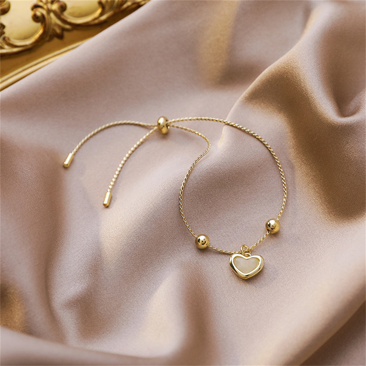 Cats Eye and 18K Gold-Plated Heart Charm Adjustable Bracelet, gold bracelet for women, botanical inspired, lifestyle look
