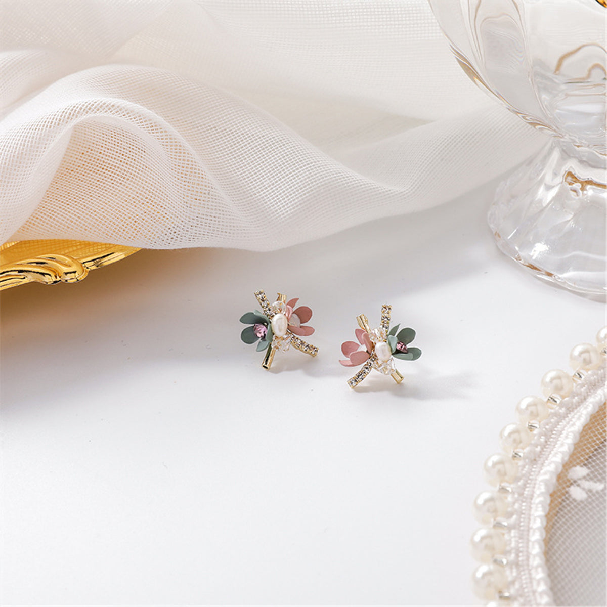 Cubic Zirconia and 18K Gold-Plated Flower Stud Earrings, gold stud earrings for women, everyday style, detail close-up