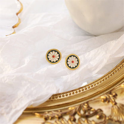 Black Enamel and 18K Gold-Plated Mum Round Stud Earrings, gold stud earrings for women, dainty minimalist design, side view