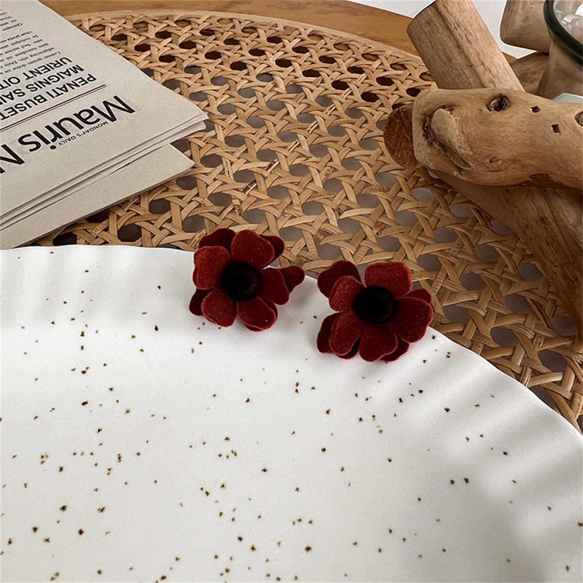Red Flocked & Silver-Plated Flower Stud Earrings