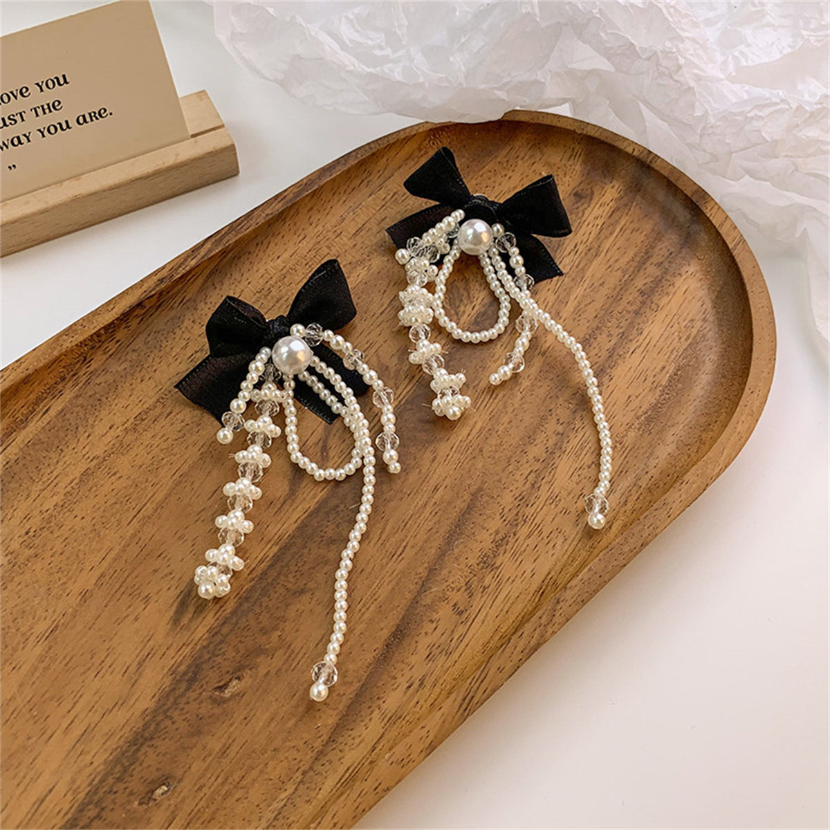 Black Mesh and Pearl Butterfly Tassel Drop Earrings, drop earrings for women, botanical inspired, side view
