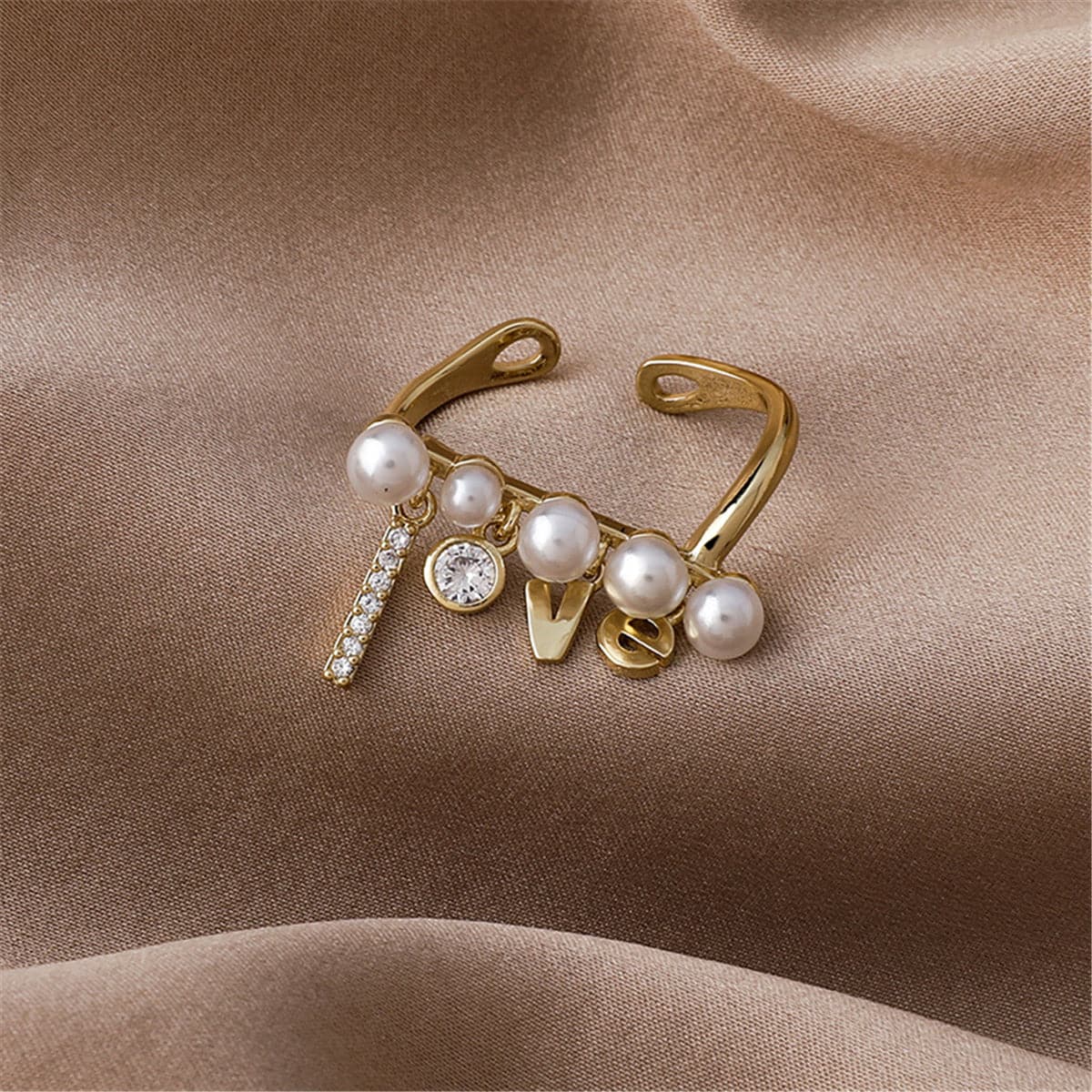 Pearl and Cubic Zirconia 'Love' Open Ring, statement rings for women, everyday style, side view
