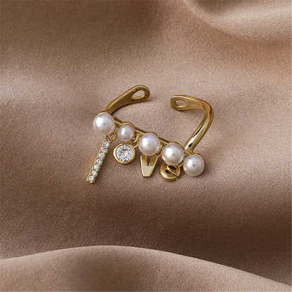 Pearl and Cubic Zirconia 'Love' Open Ring, statement rings for women, everyday style, side view