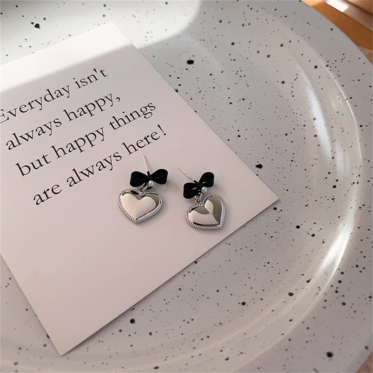 Pearl and Black Enamel Silver-Plated Bow Heart Drop Earrings, silver drop earrings for women, elegant gift for her, side view