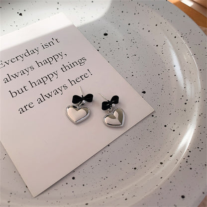 Pearl and Black Enamel Silver-Plated Bow Heart Drop Earrings, silver drop earrings for women, elegant gift for her, side view