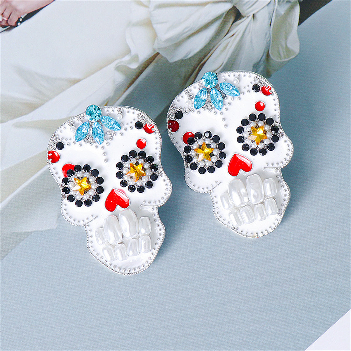 Blue Crystal & Pearl Silver-Plated Calavera Drop Earrings