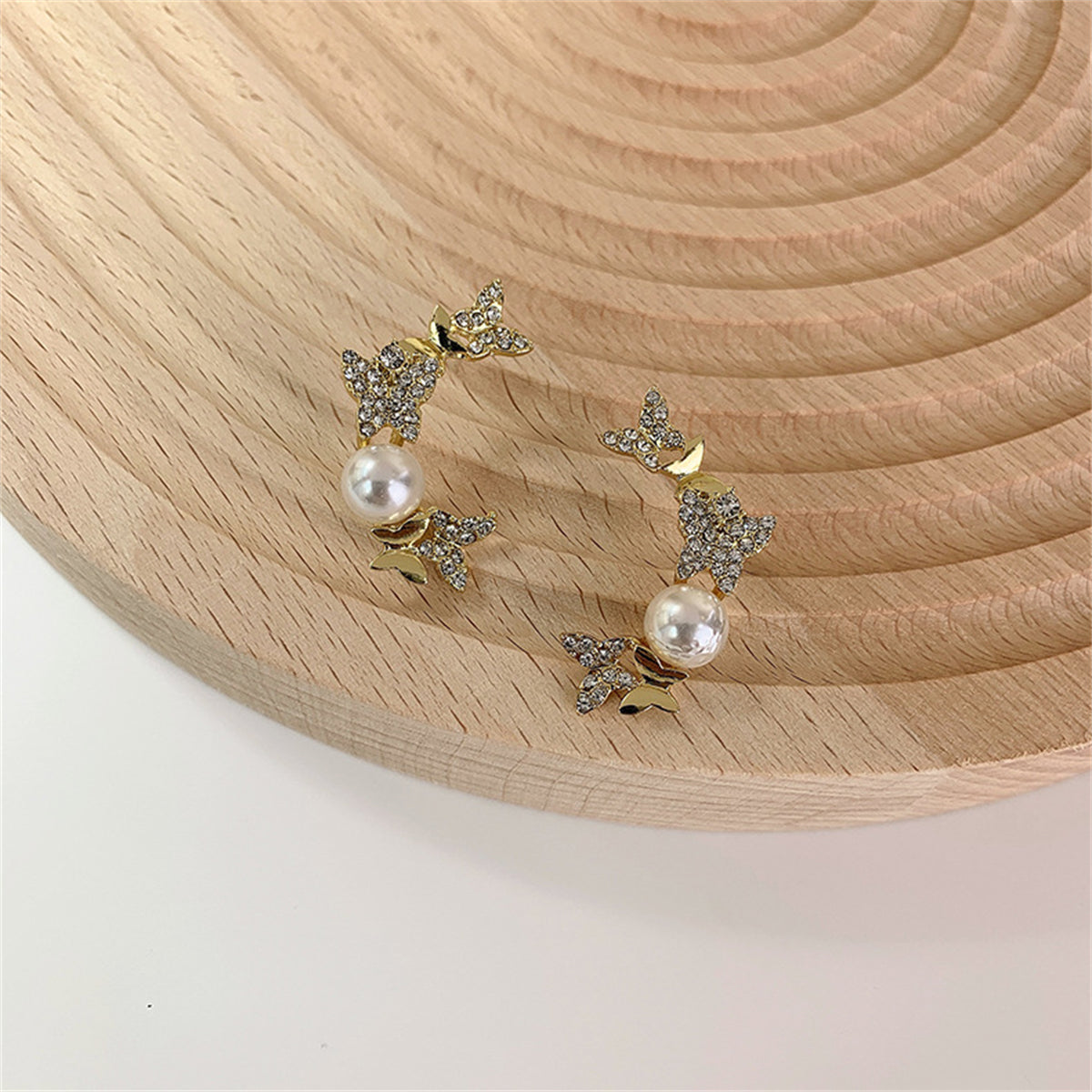 Pearl & Cubic Zirconia Pavé Butterfly Moon Stud Earrings