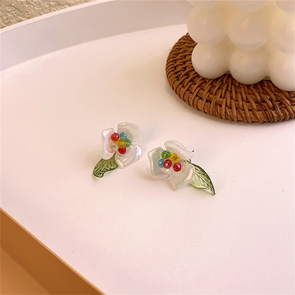 Iridescent White and Olive Floral Drop Earrings, drop earrings for women, botanical inspired, detail close-up