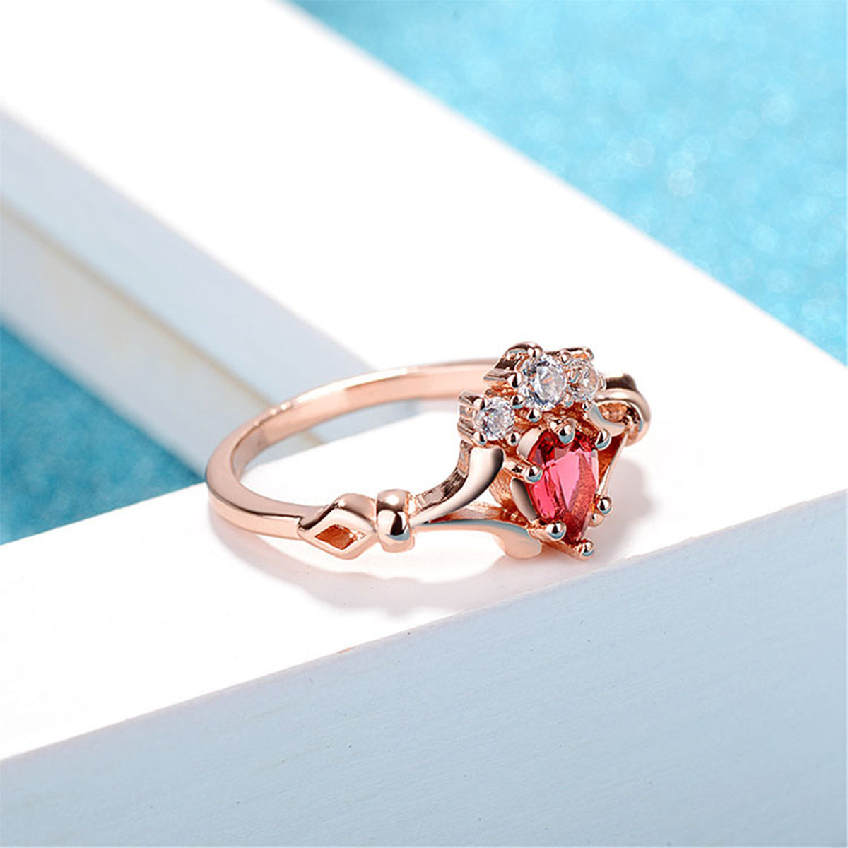 Red Crystal and Cubic Zirconia Crown Ring, statement rings for women, botanical inspired, styled look