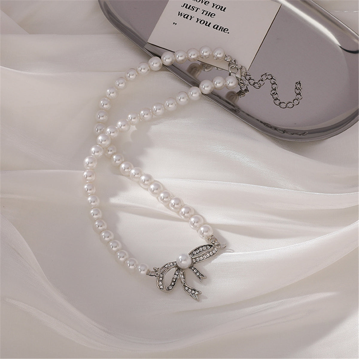 Cubic Zirconia and Pearl Beaded Bow Pendant Necklace, pendant necklace for women, everyday style, styled look