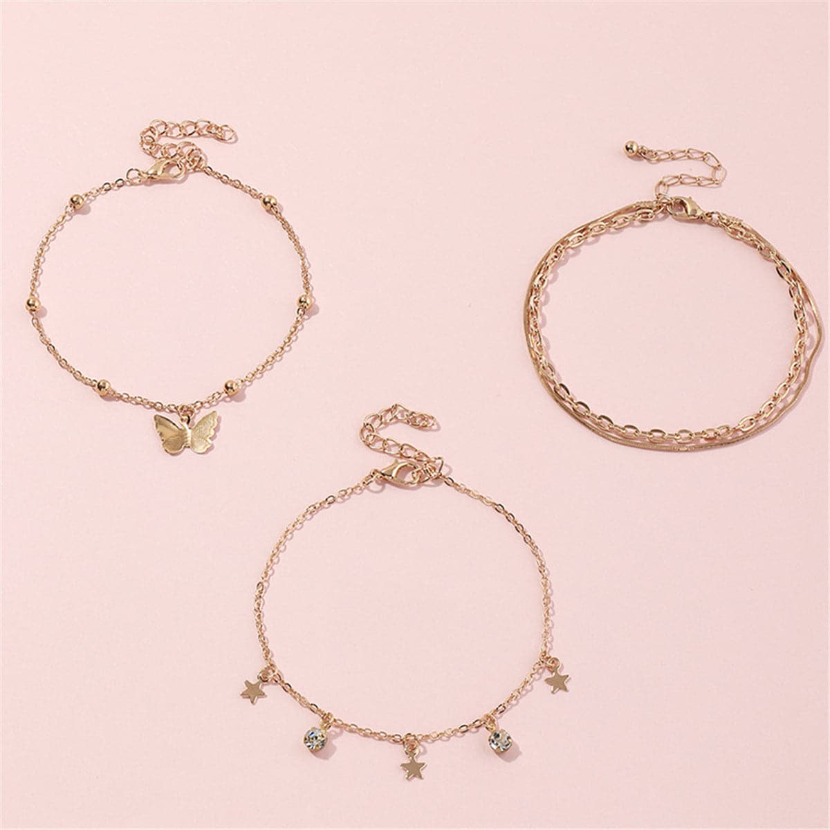 Cubic Zirconia & 18K Gold-Plated Star Butterfly Anklet Set