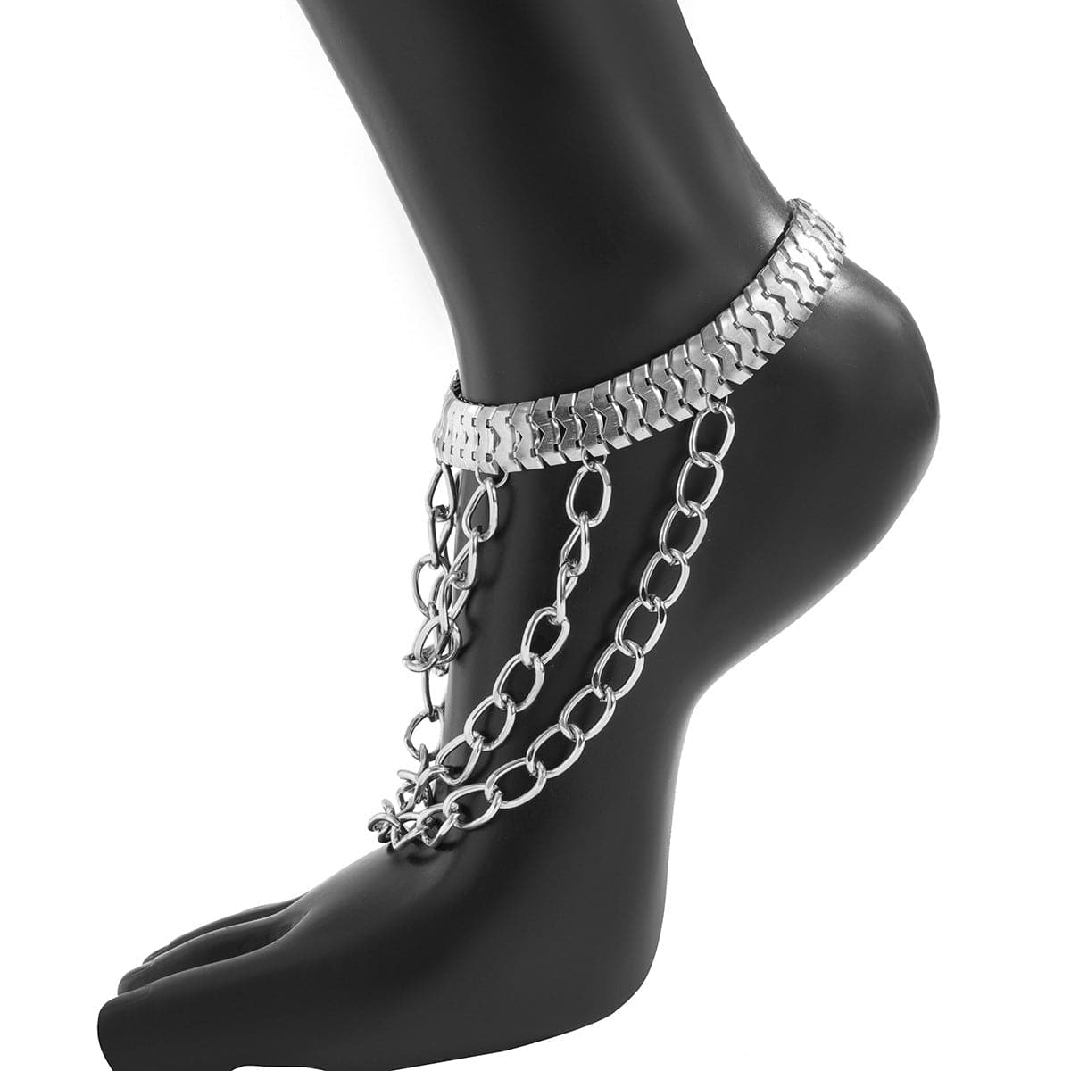 Silver-Plated Snake Chain Layered-Tassel Anklet, silver anklet bracelet, everyday style, detail close-up