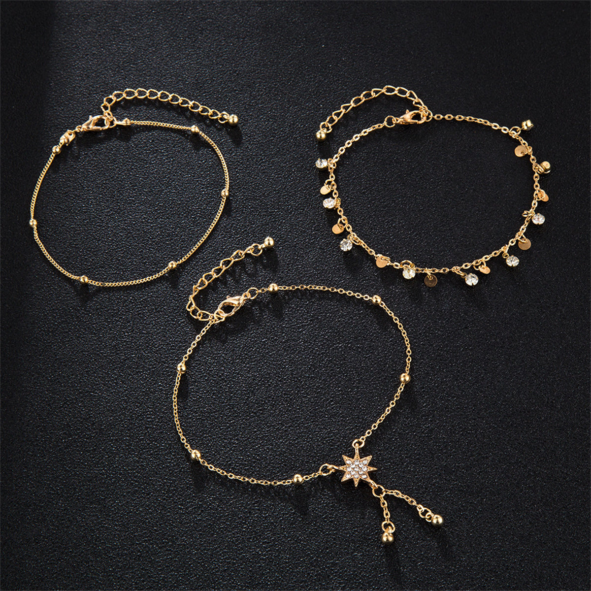 Cubic Zirconia & 18K Gold-Plated Sun Tassel-Accent Anklet Set