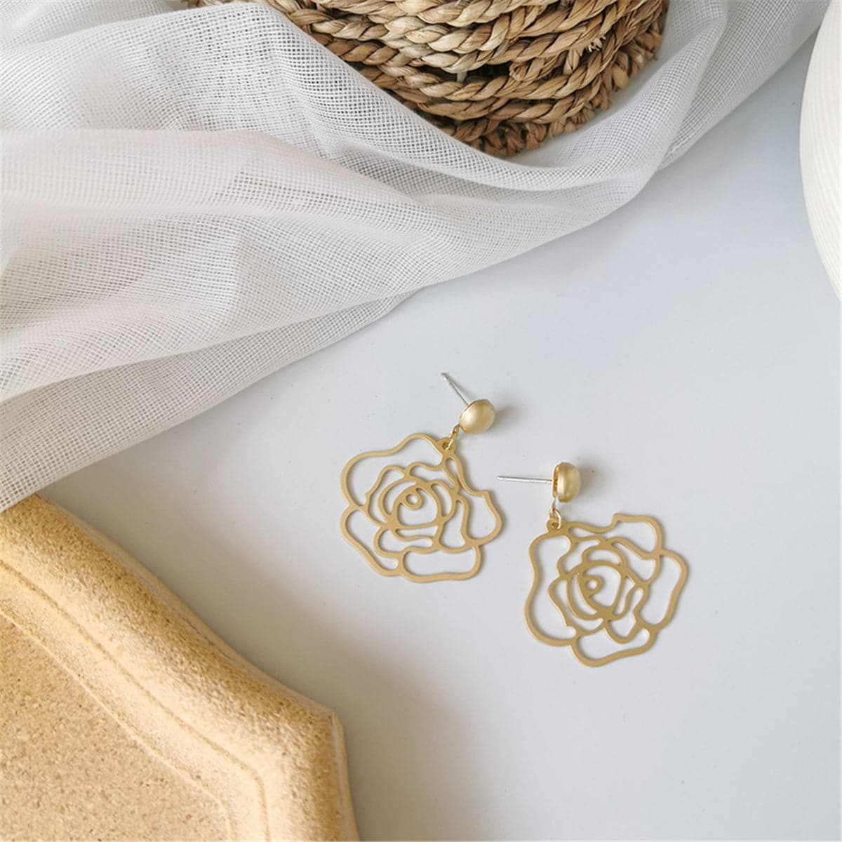 18K Gold-Plated Floral Openwork Drop Earrings, gold drop earrings for women, everyday style, detail close-up