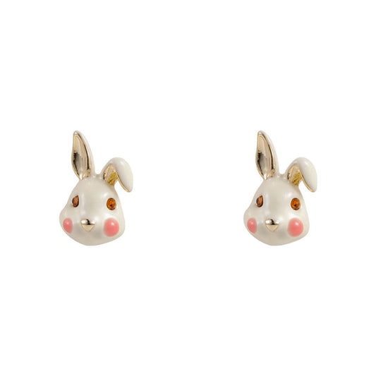 White Enamel and 18K Gold-Plated Rabbit Stud Earrings, gold stud earrings for women, elegant gift for her, front view