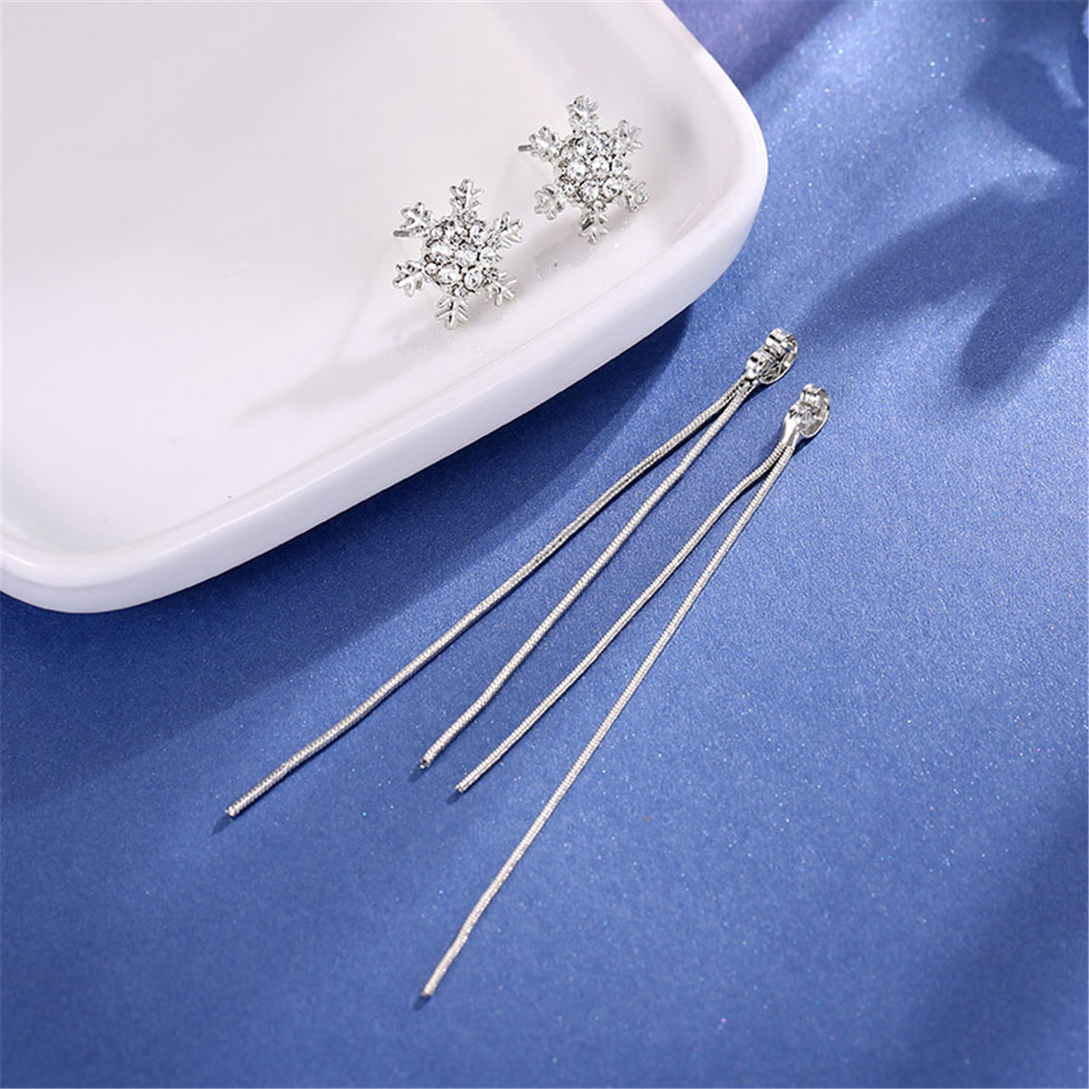 Cubic Zirconia and Silver-Plated Snowflake Tassel Drop Earrings, silver drop earrings for women, lifestyle look
