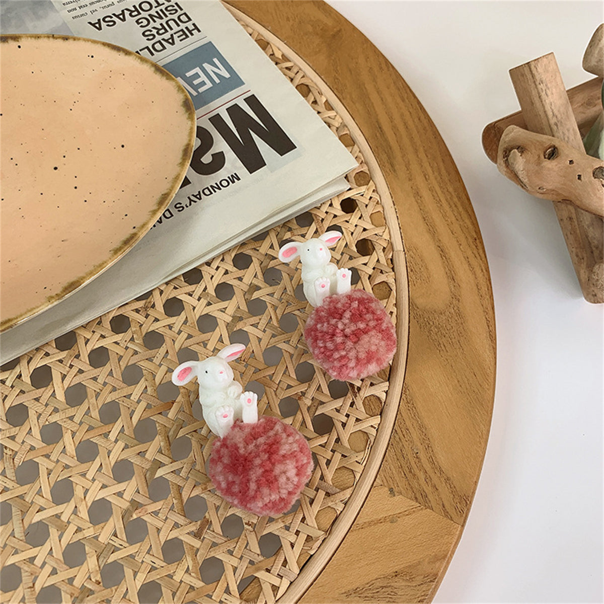 White & Pink Wool Pom-Pom Rabbit Drop Earrings