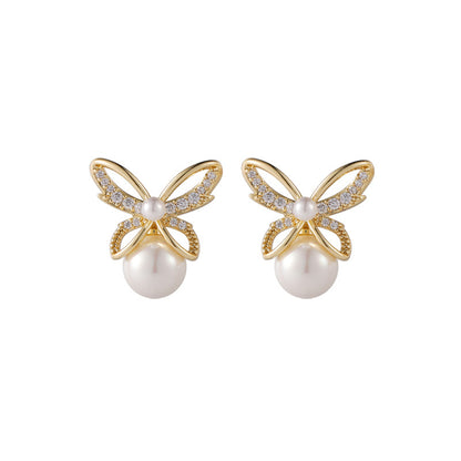 Pearl and Cubic Zirconia Openwork Butterfly Drop Earrings, drop earrings for women, elegant gift for her, front view