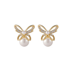 Pearl & Cubic Zirconia Openwork Butterfly Drop Earrings
