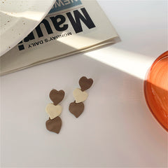 Coffee Enamel & Silver-Plated Tiered Triple Heart Drop Earrings