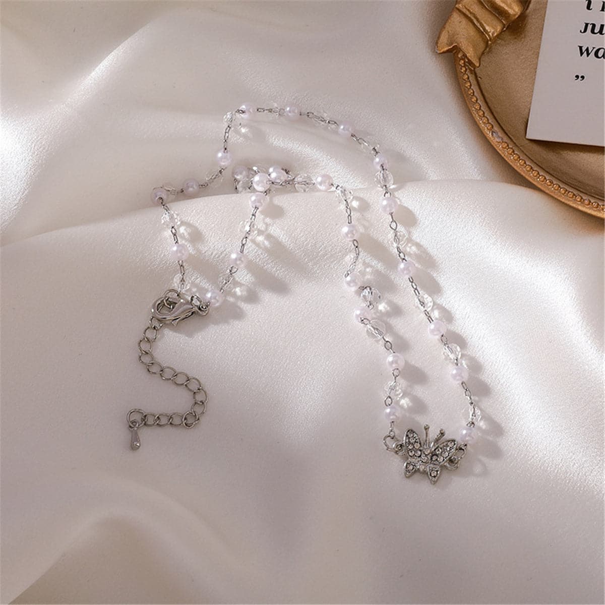 Cubic Zirconia & Pearl  Silver-Plated Butterfly Station Pendant Necklace