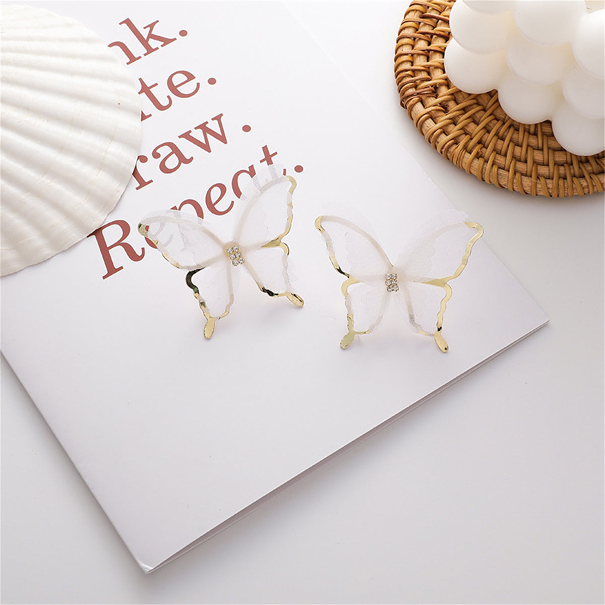 White Mesh and 18K Gold-Plated Butterfly Stud Earrings, gold stud earrings for women, elegant gift for her, side view