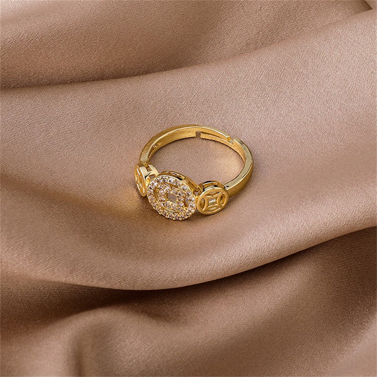 Cubic Zirconia and 18K Gold-Plated Coin Adjustable Ring, gold statement rings for women, everyday style, detail close-up