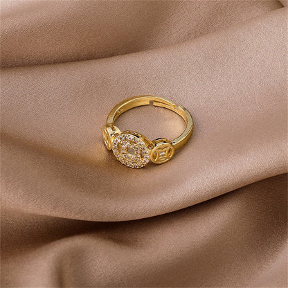 Cubic Zirconia and 18K Gold-Plated Coin Adjustable Ring, gold statement rings for women, everyday style, detail close-up