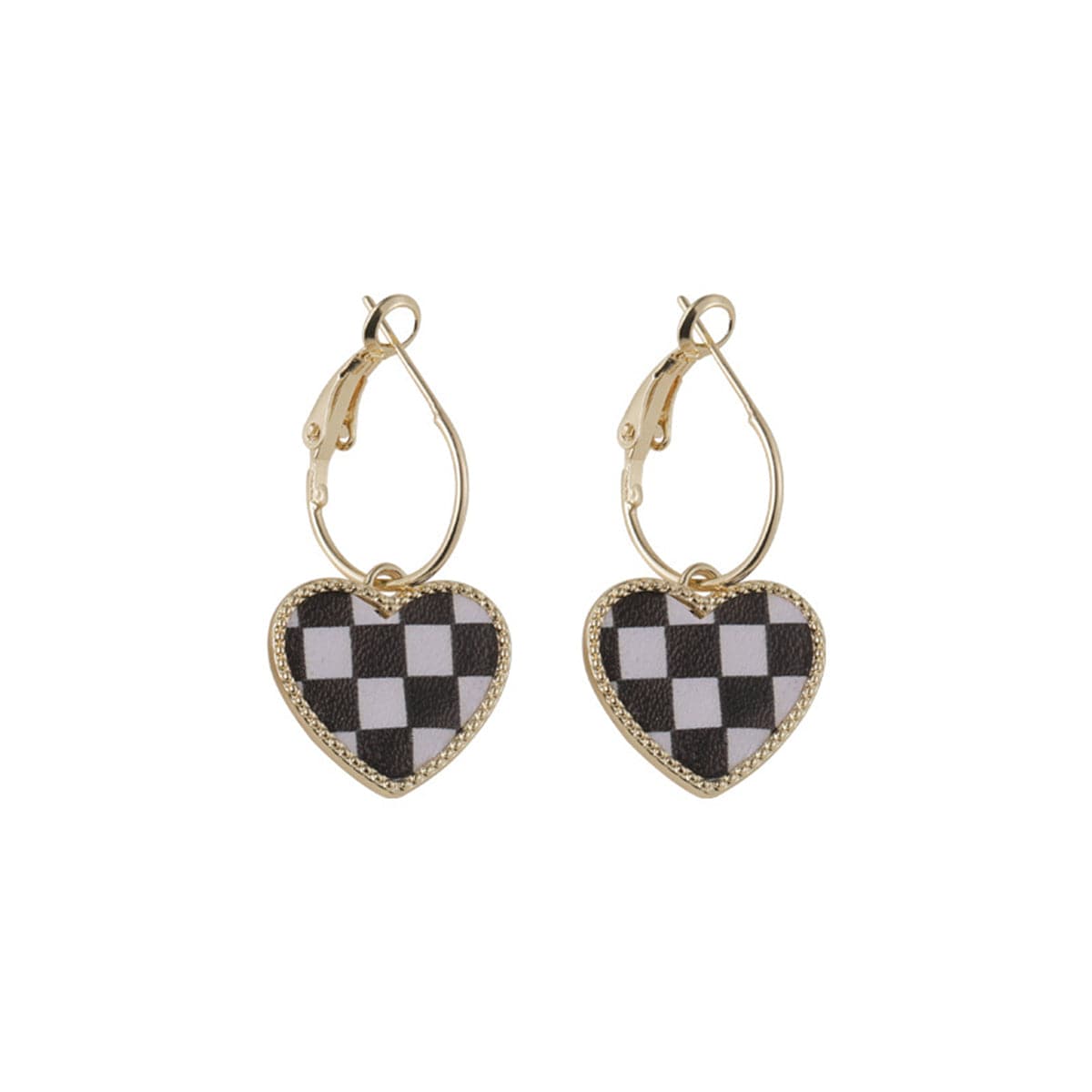 Black and White Checkerboard Heart Drop Earrings, drop earrings for women, vintage-inspired design, front view