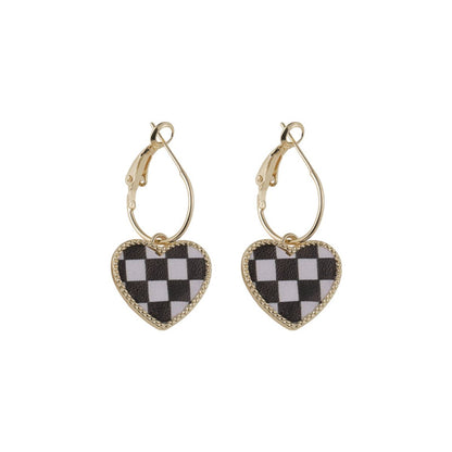 Black and White Checkerboard Heart Drop Earrings, drop earrings for women, vintage-inspired design, front view