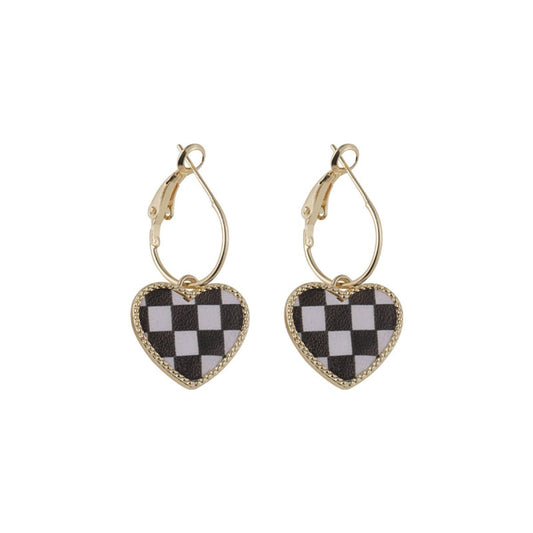 Black and White Checkerboard Heart Drop Earrings, drop earrings for women, vintage-inspired design, front view