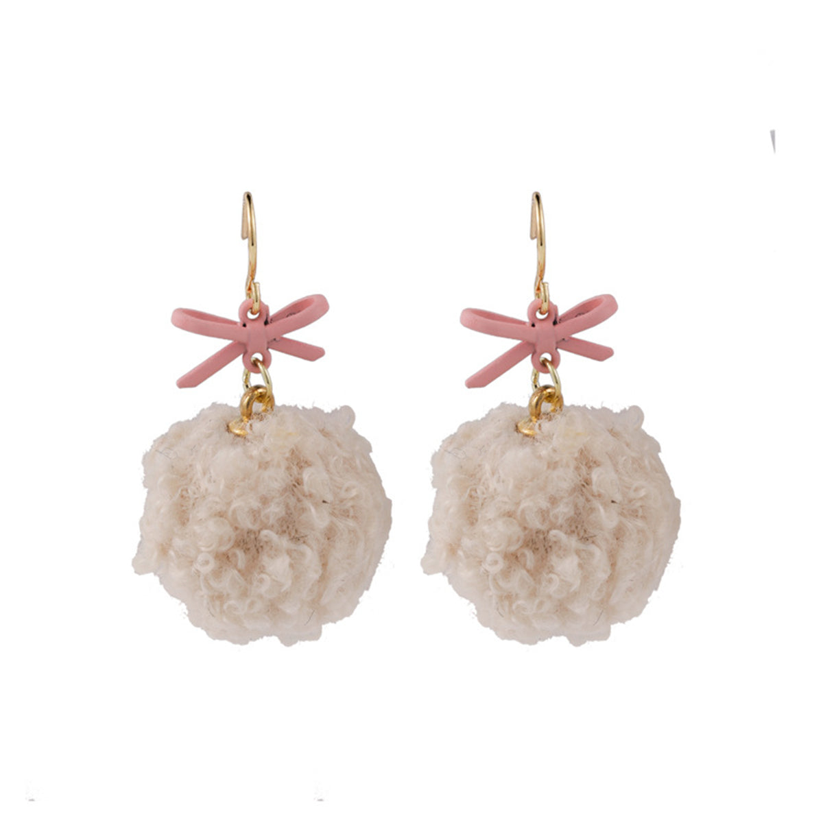 Beautiful 18K gold-plated earrings with soft white pom poms and a lovely pink bow, adding flair to your accessory collection.