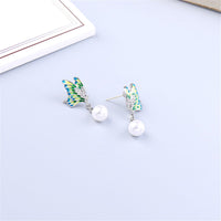 Green & Imitation Pearl Butterfly Drop Earrings