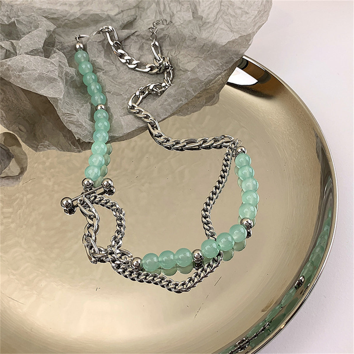 Jade & Silver-Plated Beaded Figaro Chain Layered Necklace