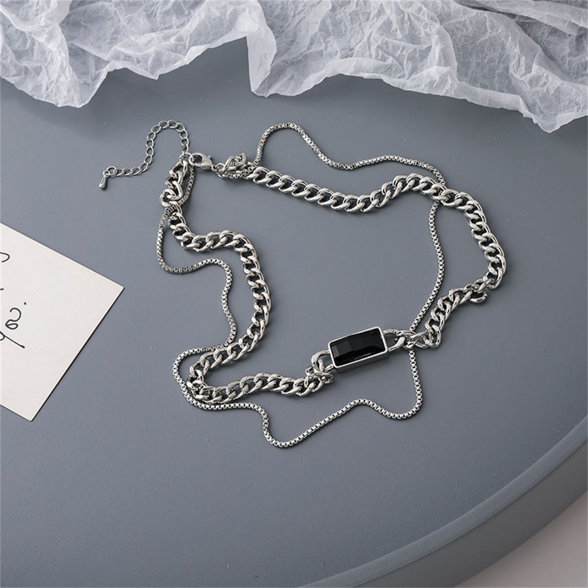 Black Enamel & Silver-Plated Curb Chain Layered Choker