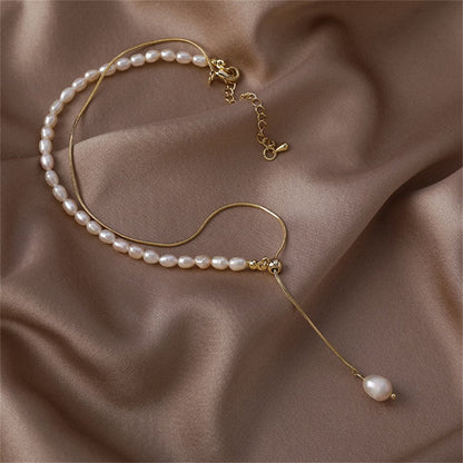 Pearl and 18K Gold-Plated Drop Necklace, gold pendant necklace for women, dainty minimalist design, lifestyle look