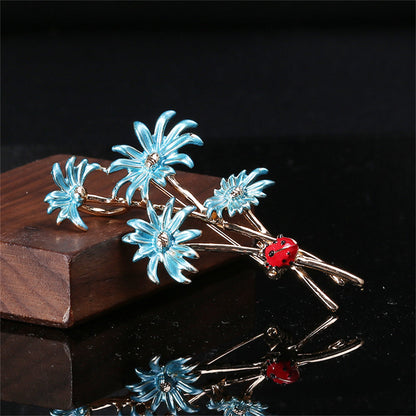 Blue Enamel and 18K Gold-Plated Mum Ladybug Brooch, gold brooch pin, vintage-inspired design, lifestyle look
